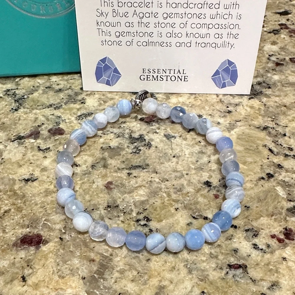 T. Jazelle Sky Blue Agate Bracelet Set - 6mm and 8mm Bracelet with Charm